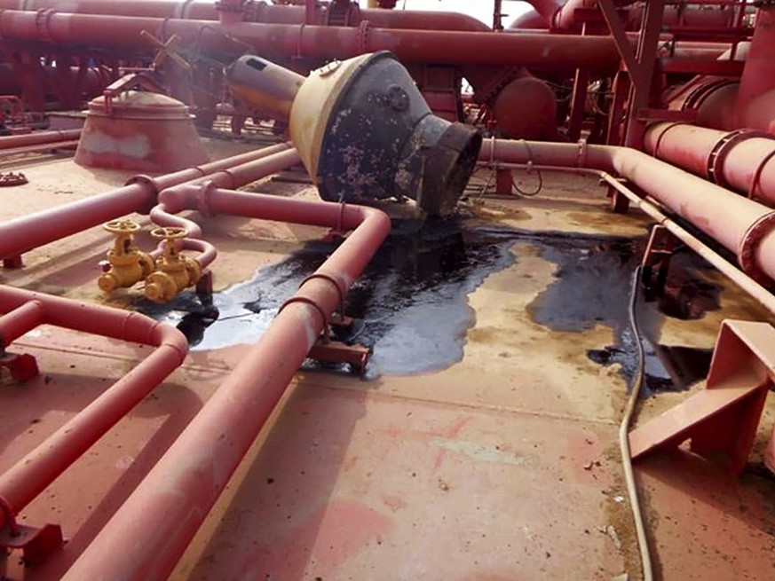 This image provided by I.R. Consilium taken in 2019, shows the deck of the FSO Safer, indicating the lack of basic maintenance for several years, leading to incidental smaller spills, moored off Ras I ...