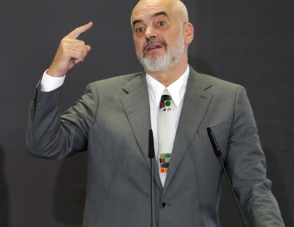 epa09467759 Albanian Prime Minister Edi Rama during a press conference with German Chancellor in Tirana, Albania, 14 September 2021. The German Chancellor is in Albania to participate in the Western B ...