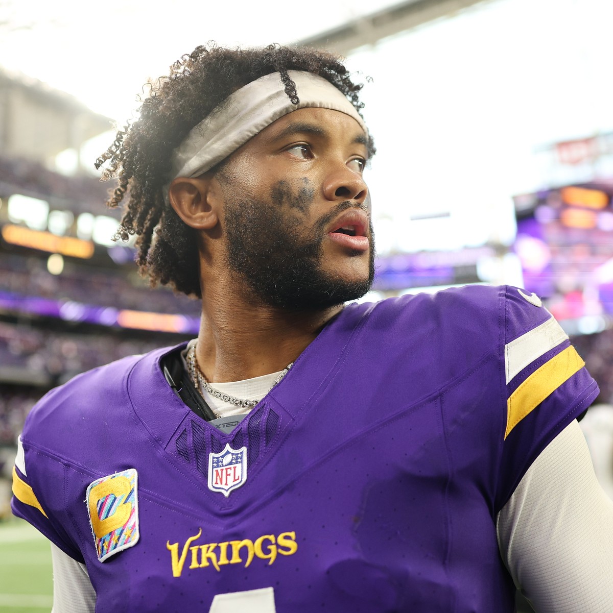 Minnesota Vikings quarterback Kyler Murray walks off the field following an NFL football game against the Miami Dolphins, Sunday, Oct. 4, 2026, in Minneapolis. (AP Photo/Matt Krohn)
Kyler Murray