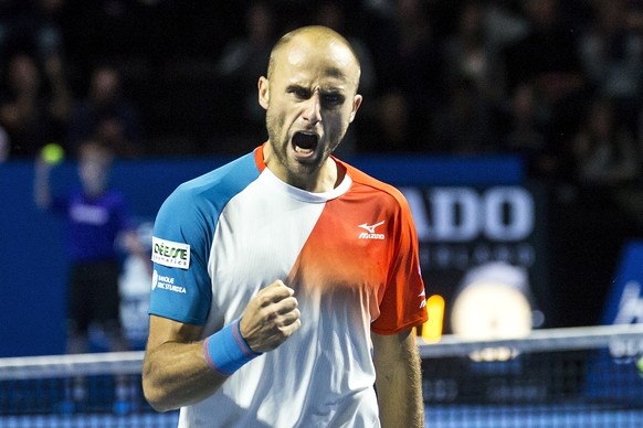 Marius Copil of Romania reacts during his semifinal match against Alexander Zverev of Germany at the Swiss Indoors tennis tournament at the St. Jakobshalle in Basel, Switzerland, on Saturday, October  ...