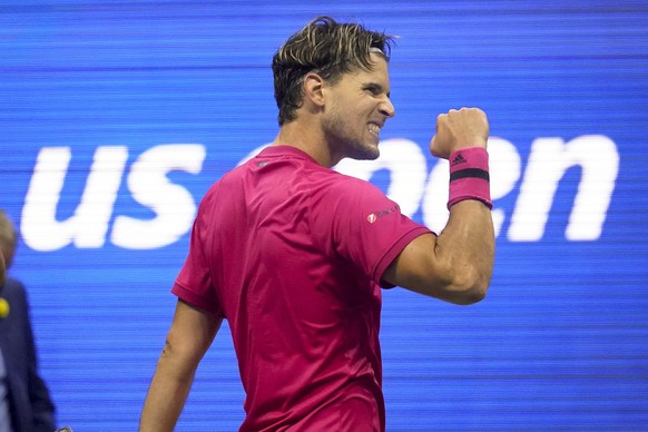 Dominic Thiem, of Austria, reacts after defeating Daniil Medvedev, of Russia, during a men&#039;s semifinal match of the US Open tennis championships, Friday, Sept. 11, 2020, in New York. (AP Photo/Fr ...