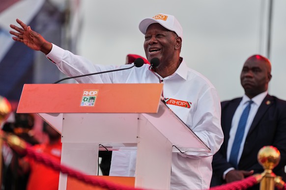 President Alassane Ouattara speaks during his final campaign rally at Republic Square in Abidjan, Ivory Coast, Thursday, Oct. 23, 2025. (AP Photo/Misper Apawu)
Ivory Coast Election