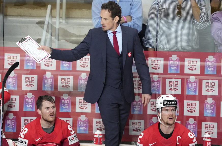 Head coach Patrick Fischer of Switzerland reacts during the group B match between Latvia and Switzerland at the ice hockey world championship in Riga, Latvia, Tuesday, May 23, 2023. (AP Photo/Roman Ko ...