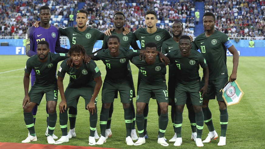 Nigeria players pose for the media prior the group D match between Croatia and Nigeria at the 2018 soccer World Cup in the Kaliningrad Stadium in Kaliningrad, Russia, Saturday, June 16, 2018. Upper ro ...