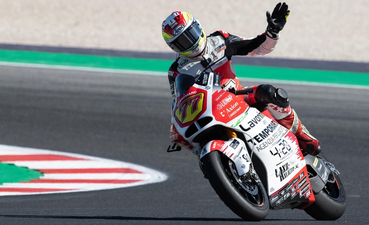 Switzerland's Dominique Aegerter steers his racer during the Moto2 practice at the Misano circuit in Misano Adriatico, Italy, Saturday, Sept. 14, 2019. (Lorenzo Di Cola/ANSA via AP)