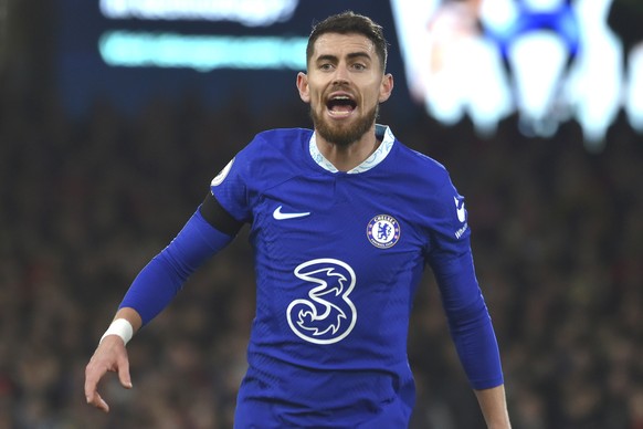 Chelsea&#039;s Jorginho reacts during the English Premier League soccer match between Nottingham Forest and Chelsea at City ground in Nottingham, England, Sunday, Jan. 1, 2023. (AP Photo/Rui Vieira)