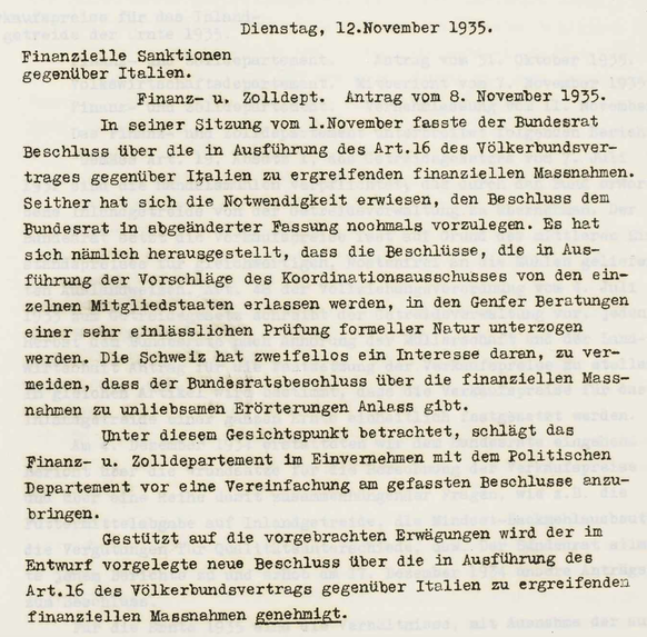 Ausschnitt aus dem Bundesratsprotokoll: Der Bundesrat hat in den Zwischenkriegsjahren friedenserzwingende Massnahmen gegen Faschisten mitgetragen.