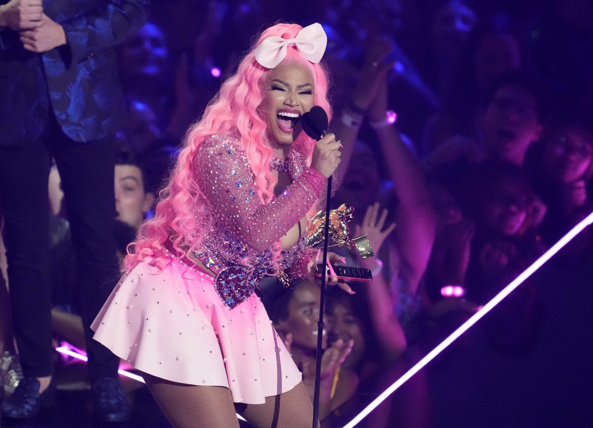FILE - Nicki Minaj accepts the video vanguard award at the MTV Video Music Awards on Aug. 28, 2022, in Newark, N.J. Drake is the leading nominee for next month?s BET Awards, followed closely by Nicki  ...