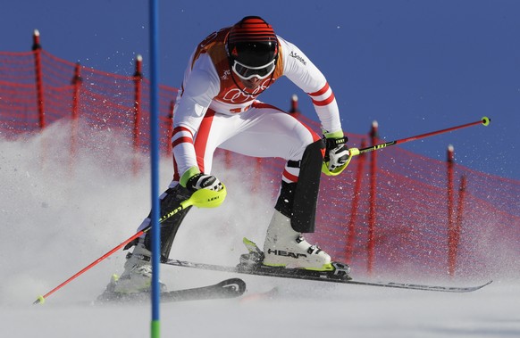 Austria&#039;s Matthias聽Mayer crashes during the slalom portion of the men&#039;s combined at the 2018 Winter Olympics in Jeongseon, South Korea, Tuesday, Feb. 13, 2018. (AP Photo/Luca Bruno)
