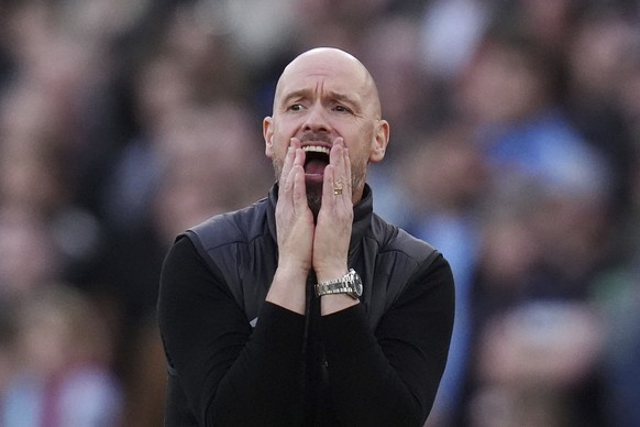 Manchester United manager Erik ten Hag reacts on the touchline during the English Premier League soccer match between West Ham United and Manchester United at the London Stadium in London, Sunday, Oct ...