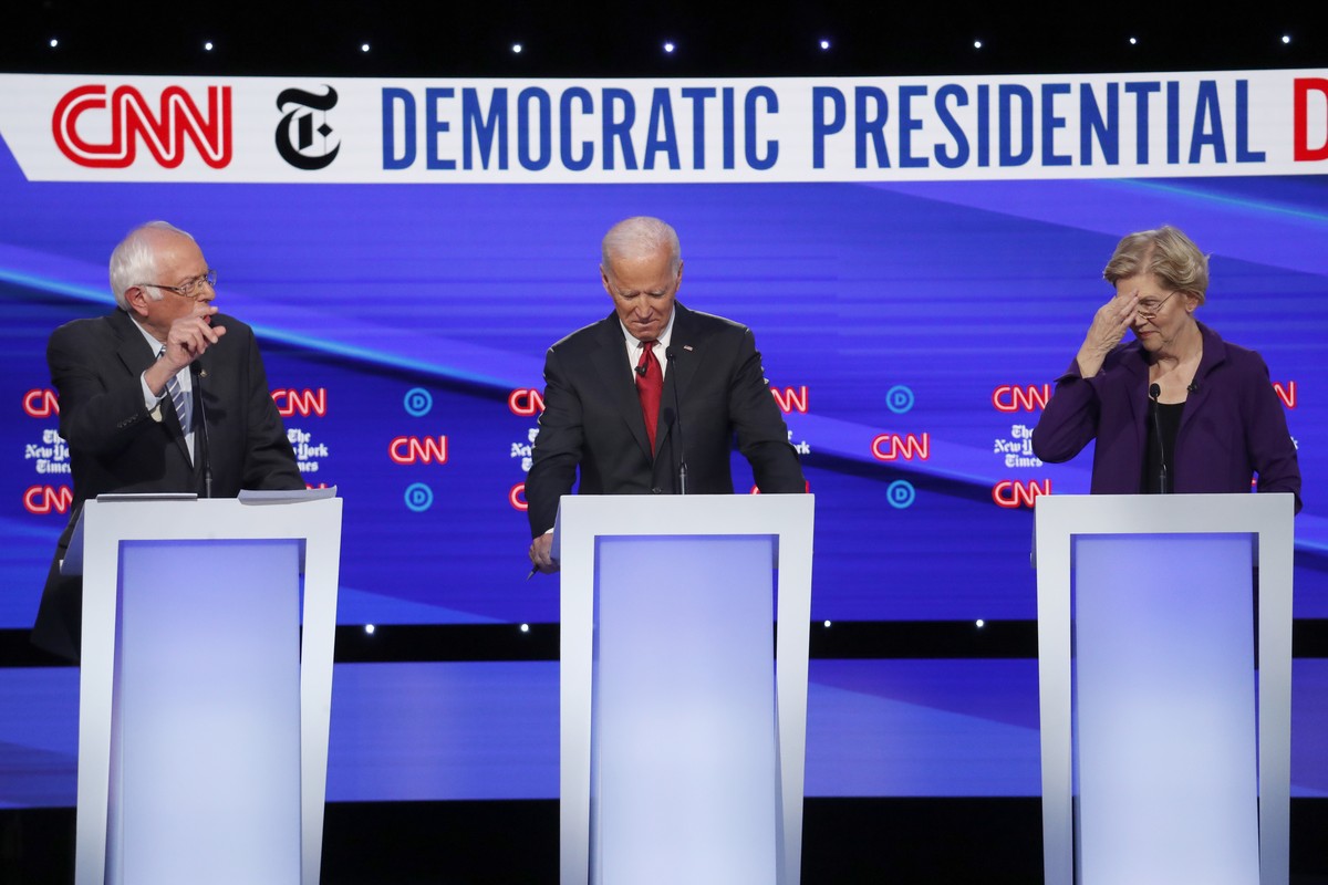 Democratic presidential candidate Sen. Bernie Sanders, I-Vt., left, former Vice President Joe Biden and Sen. Elizabeth Warren, D-Mass., participate in a Democratic presidential primary debate hosted b ...