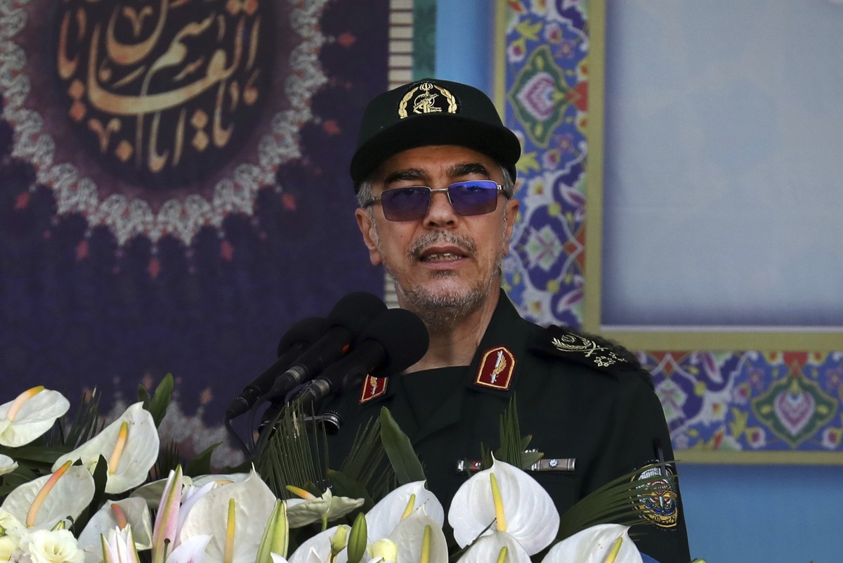 Chief of the General Staff of Iran's Armed Forces Gen. Mohammad Hossein Bagheri addresses during a military parade commemorating the anniversary of the start of the 1980-88 Iraq-Iran war, in fron ...