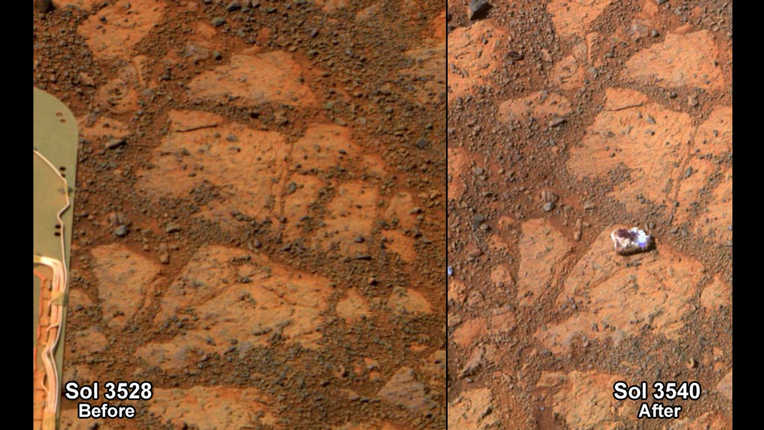 Der Stein des Anstosses: Plötzlich tauchte vor dem Marsrover ein runder Steinklumpen auf.