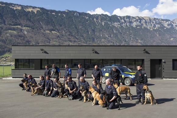 Diensthunde mit ihren Diensthundeführern posieren am 9. April vor dem Gebäude der KOSIT (Kompetenzzentrum für Sicherheit und Intervention) in Interlaken.&nbsp;
