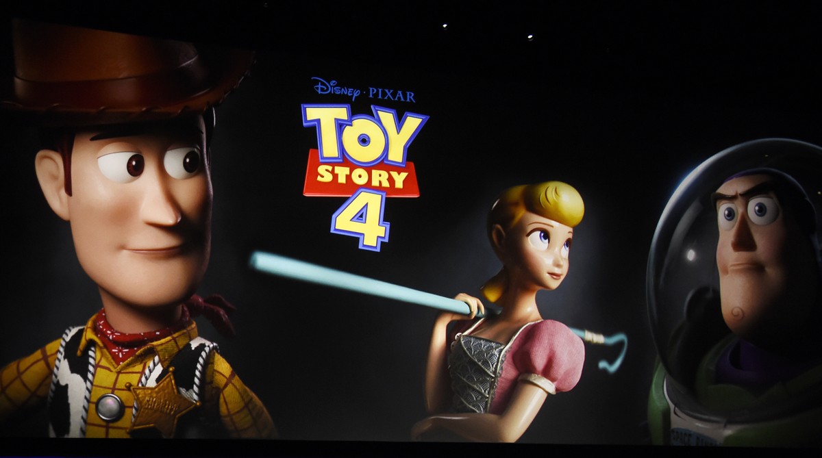 FILE - This April 3, 2019, file photo shows a preview image of the upcoming film "Toy Story 4" on state during the Walt Disney Studios Motion Pictures presentation at CinemaCon 2019, the off ...