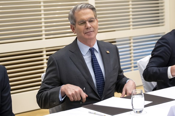 US Secretary of the Treasury Scott Bessent, listens to the speeches, during a bilateral meeting between Switzerland and the United States, in Geneva, Switzerland, on Friday, May 9, 2025. (KEYSTONE/EDA ...