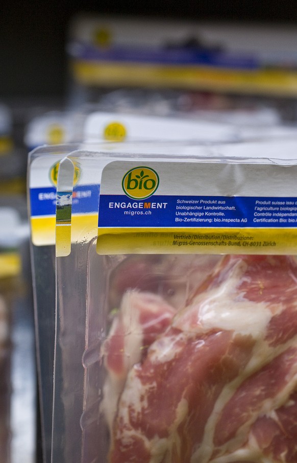 Pork meat of organic label &quot;Engagement&quot; by &quot;Migros&quot; at a store of supermarket chain &quot;Migros&quot; at the Glattzentrum shopping mall in Wallisellen in the canton of Zurich, Swi ...