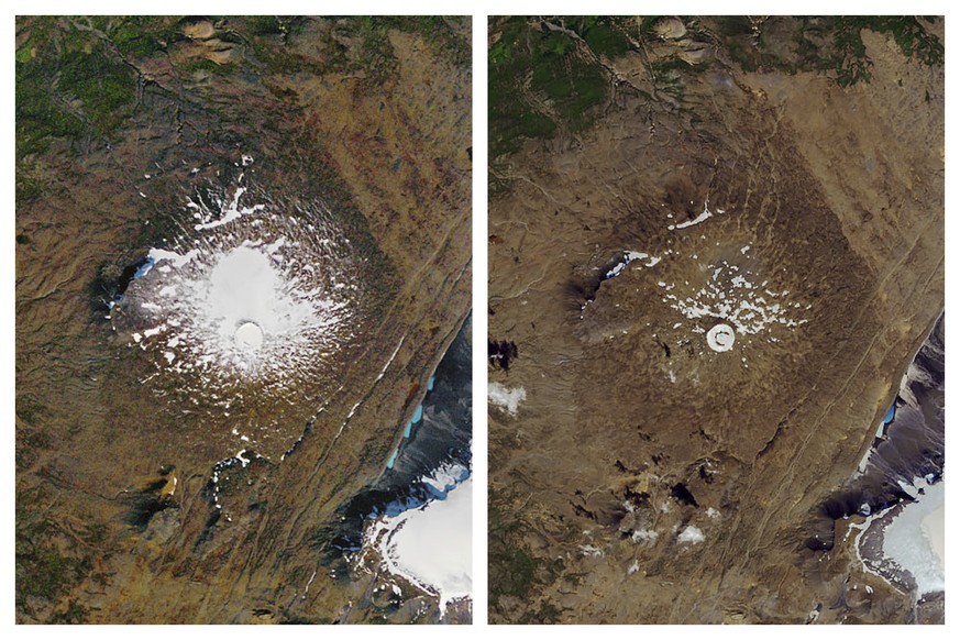This combination of Sept. 14, 1986, left, and Aug. 1, 2019 photos provided by NASA shows the shrinking of the Okjokull glacier on the Ok volcano in west-central Iceland. A geological map from 1901 est ...