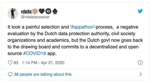 Die niederländische Regierung hat sich laut dieser Schilderung nach «einem schmerzhaften Prozess» für eine App entschieden, die die Daten dezentral (auf dem Gerät) verarbeitet und quelloffen, also fre ...