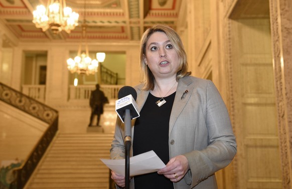 Northern Ireland Secretary Karen Bradley speaking at Parliament Buildings in Stormont in Belfast, Wednesday Feb. 14, 2018. On Wednesday Bradley said in the absence of a Northern Ireland administration ...