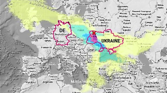 Ausbreitungsprognose am 5. September für das AKW Riwne: Binnen 48 Stunden könnten im Ernstfall atomare Wolken aus der Ukraine nach Deutschland ziehen.