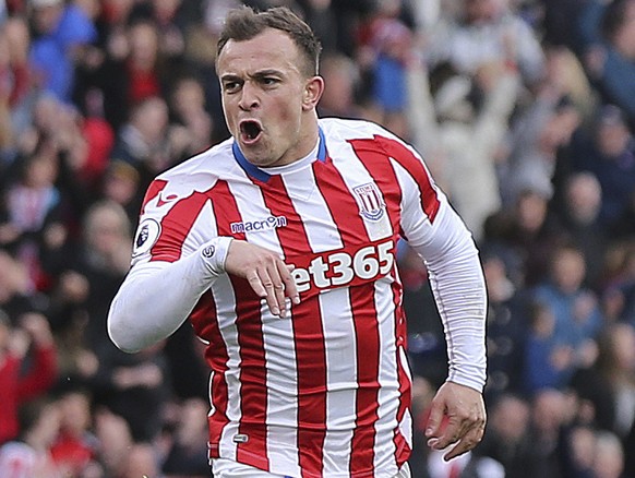 Stoke City&#039;s Xherdan Shaqiri celebrates scoring against Hull City during the Premier League soccer match between Stoke City and Hull City at the bet365 Stadium, Stoke, England. Saturday April 15, ...