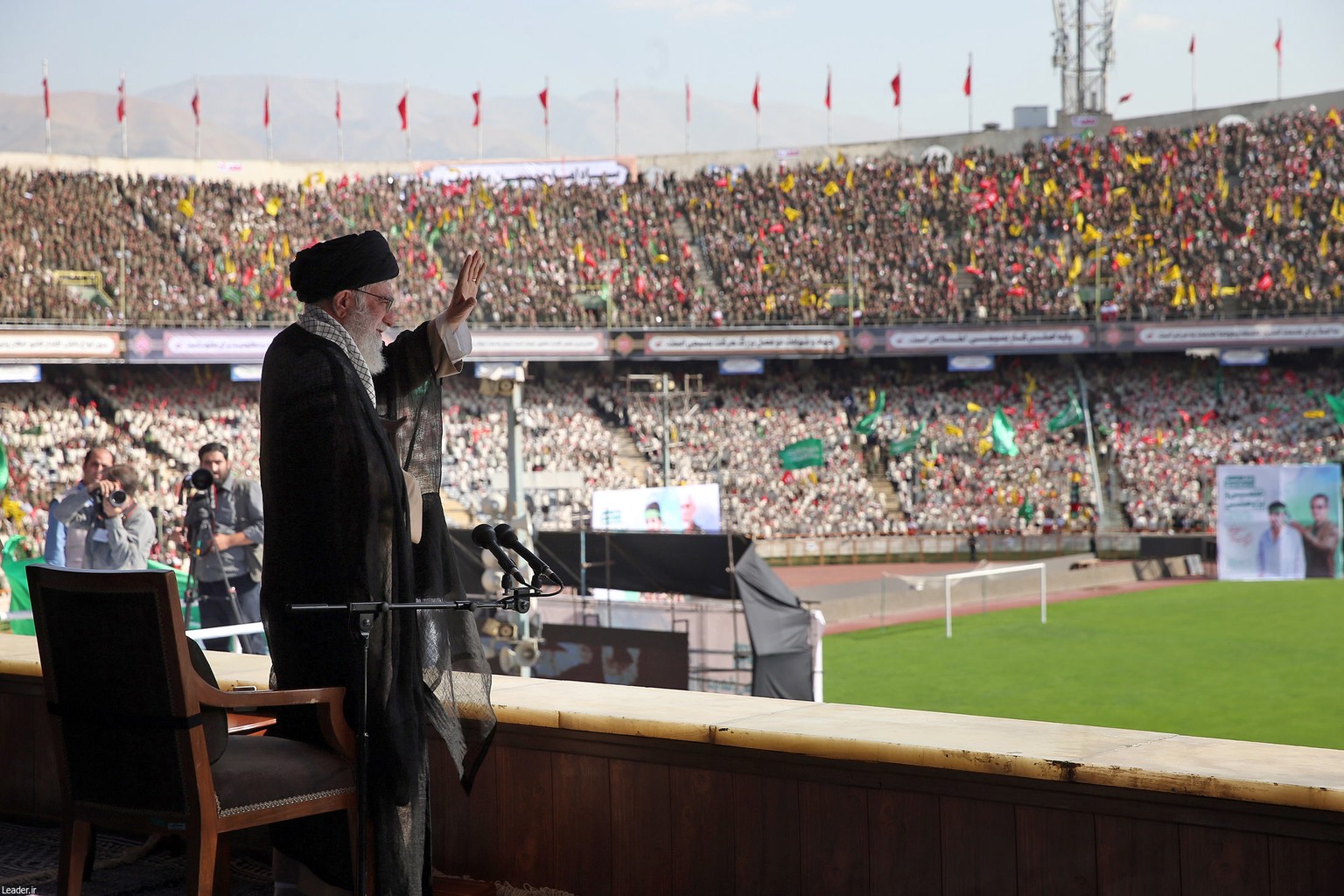 epa07068507 A handout photo made available by the Iranian Supreme Leader&#039;s office shows Iranian Supreme Leader Ayatollah Ali Khamenei greeting the crowd during a meeting with tens of thousands of ...