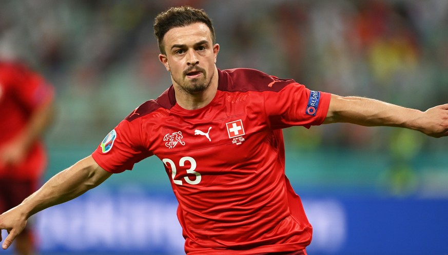 epa09289053 Xherdan Shaqiri of Switzerland celebrates after scoring the 3-1 goal during the UEFA EURO 2020 group A preliminary round soccer match between Switzerland and Turkey in Baku, Azerbaijan, 20 ...