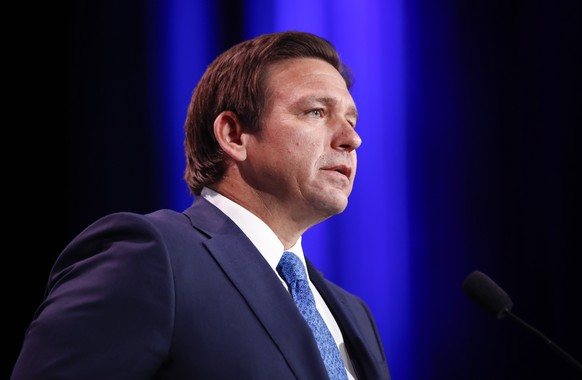 epa10315356 Governor of Florida Ron DeSantis speaks during the 2022 Republican Jewish Coalition Annual Leadership Meeting at the Venetian hotel and casino in Las Vegas, Nevada, USA, 19 November 2022.  ...