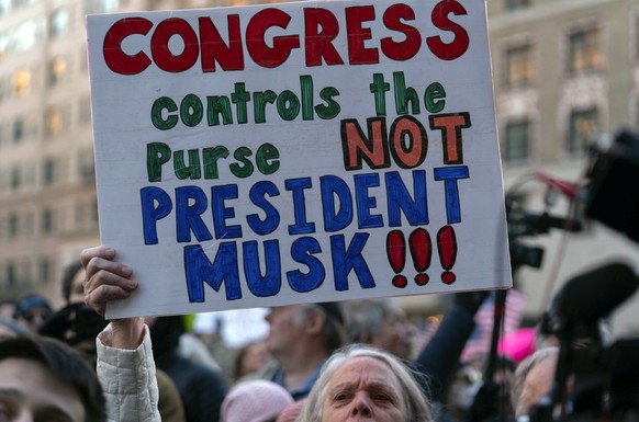 People rally as they listen members of congress speak during a rally against Elon Musk outside the Treasury Department in Washington, Tuesday, Feb. 4, 2025. (AP Photo/Jose Luis Magana)
Jamie Raskin