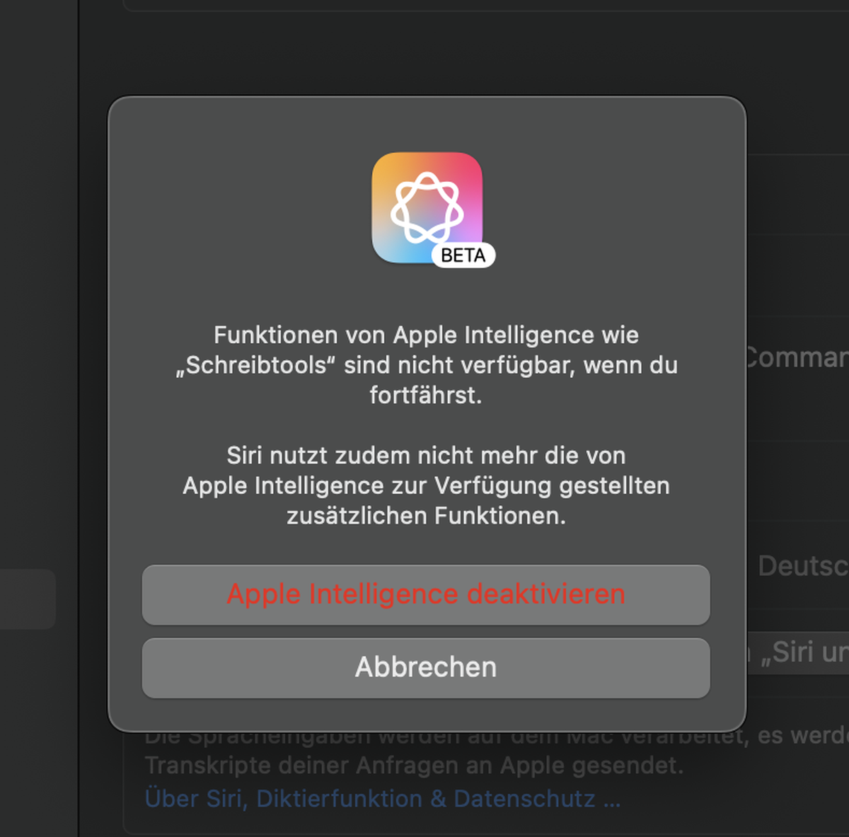 Apple Intelligence auf dem Mac deaktivieren. > System-Einstellungen > Apple Intelligence &amp; Siri