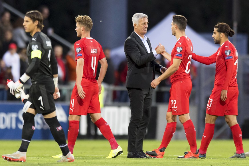 epa07828295 Switzerland&#039;s head coach Vladimir Petkovic (C) and his players (L-R) goalkeeper Yann Sommer, Nico Elvedi, Fabian Schaer, and Ricardo Rodriguez react after winning the UEFA EURO 2020 q ...