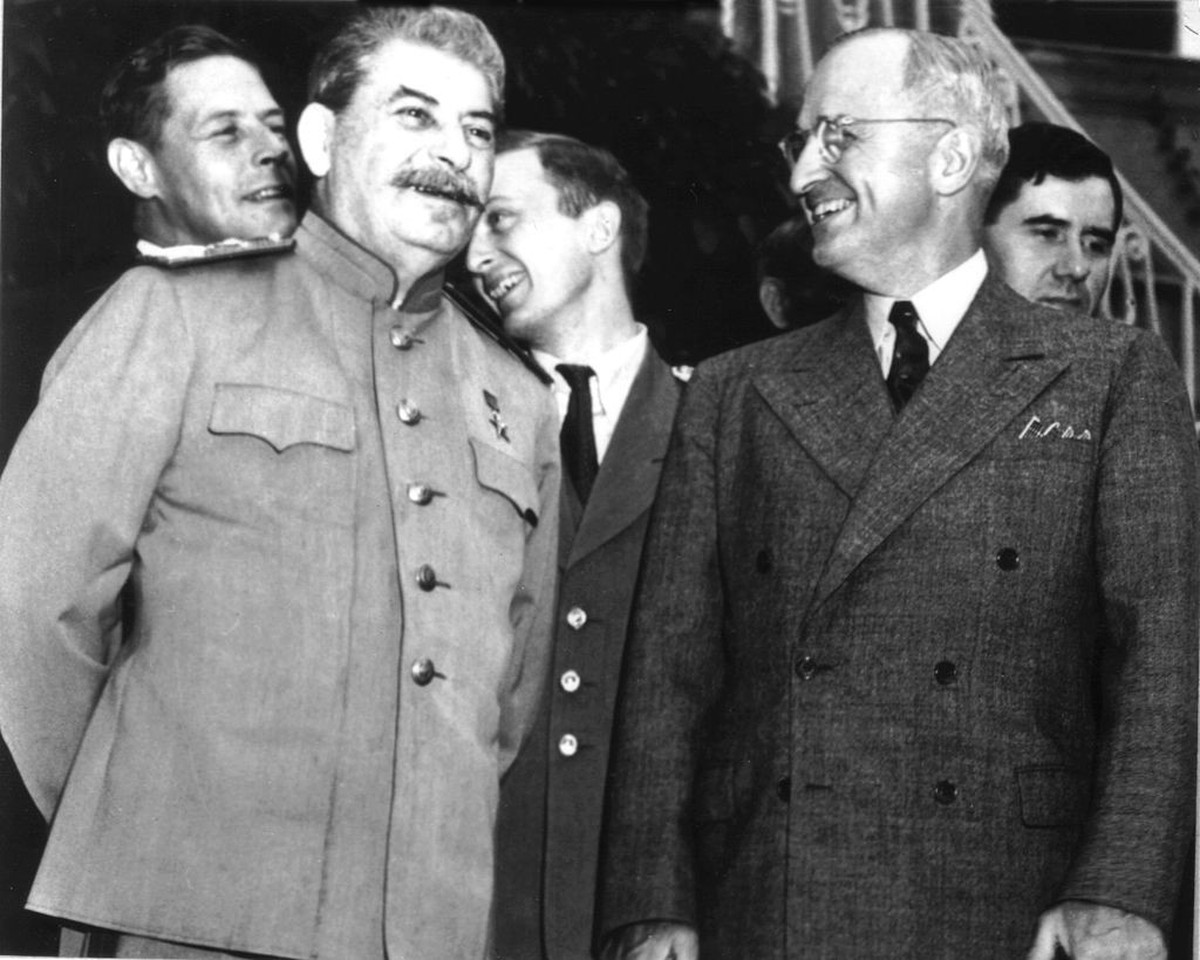Potsdam conference. Truman, Stalin and Churchill, November 1945, Second World War, National Archives - Washington, . (Photo by: Photo12/Universal Images Group via Getty Images)