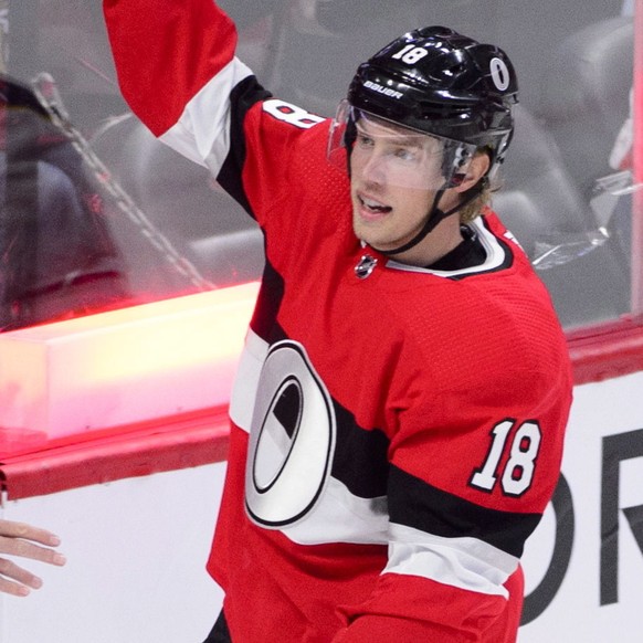 Ottawa Senators left wing Ryan Dzingel celebrates a goal against the Buffalo Sabres during the first period of an NHL hockey game Thursday, Nov. 1, 2018, in Ottawa, Ontario. (Sean Kilpatrick/The Canad ...