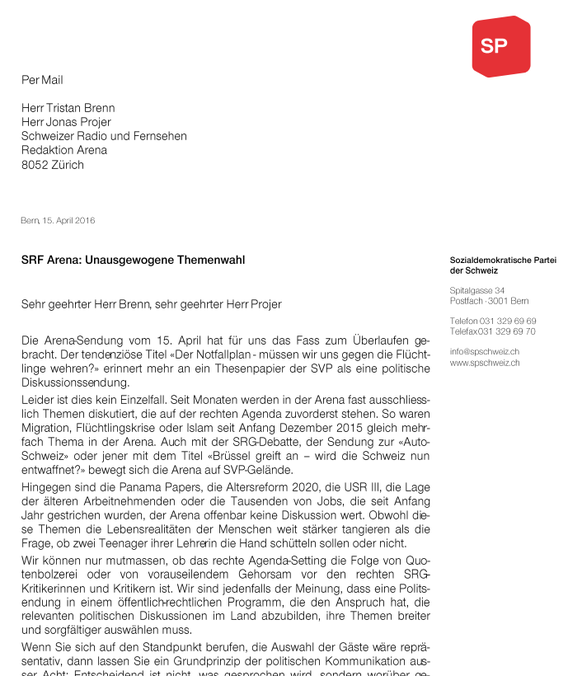 Ausschnitt aus dem offenen Brief der SPler an Tristan Brenn und Jonas Projer.