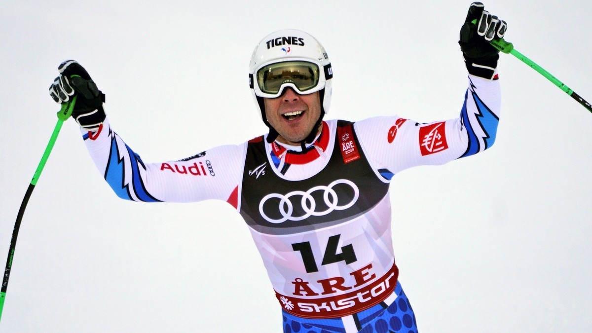 France's Johan Clarey celebrates at the end of a men's super G, at the ski World Championships in Are, Sweden, Wednesday, Feb. 6, 2019. (AP Photo/Giovanni Auletta)