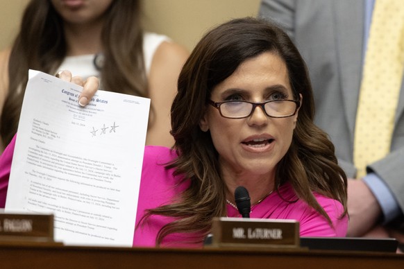 epa11491738 Republican Representative of South Carolina Nancy Mace directs remarks toward US Secret Service Director Kimberly Cheatle (not pictured) during the House Oversight and Accountability Commi ...