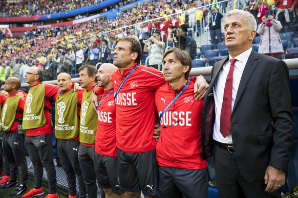 Switzerland&#039;s staff members with Switzerland&#039;s head coach Vladimir Petkovic, right, react during the FIFA World Cup 2018 round of 16 soccer match between Sweden and Switzerland at the Kresto ...