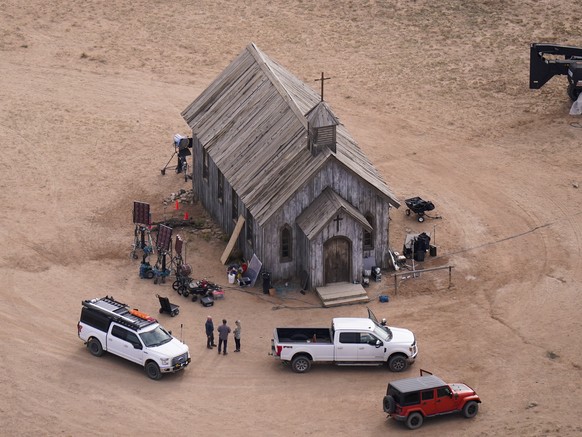 This aerial photo shows the Bonanza Creek Ranch in Santa Fe, N.M., Saturday, Oct. 23, 2021. Actor Alec Baldwin fired a prop gun on the set of a Western being filmed at the ranch on Thursday, Oct. 21,  ...