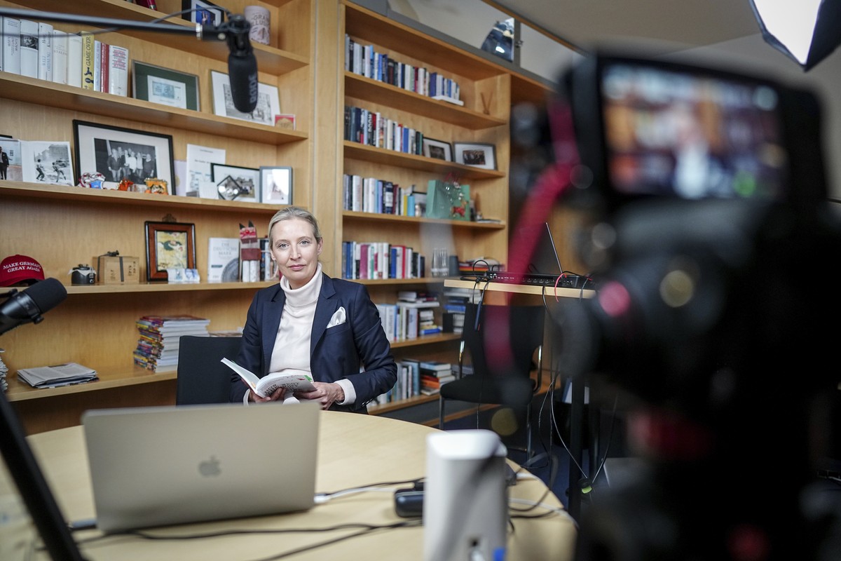 Alice Weidel, parliamentary group leader, party chairwoman and candidate for chancellor of the AfD, prepares for a live X interview with U.S. billionaire Elon Musk in her office in the Jakob Kaiser Ho ...