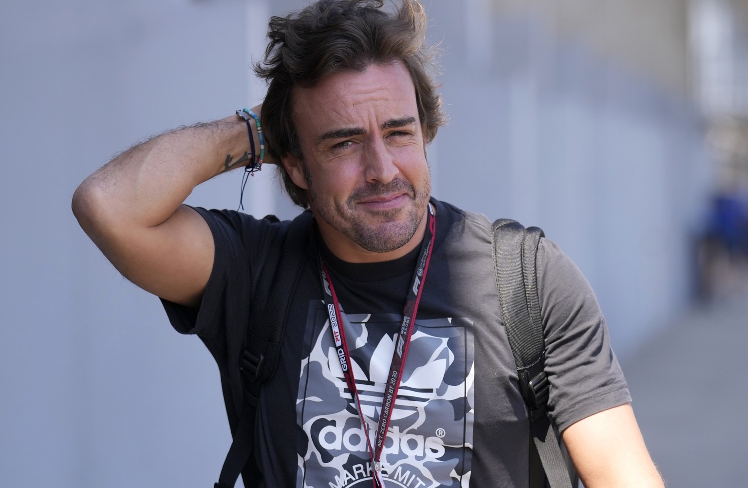 Alpine driver Fernando Alonso of Spain arrives to the Hungaroring racetrack in Mogyorod, near Budapest, Hungary, Thursday, July 28, 2022. The Hungarian Formula One Grand Prix will be held on Sunday. ( ...