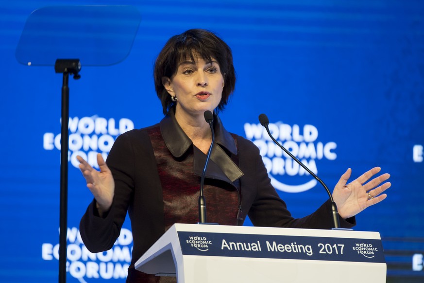 Swiss Federal President Doris Leuthard speaks in the Congress Hall during the first day of the 47th annual meeting of the World Economic Forum, WEF, in Davos, Switzerland, Tuesday, January 17, 2017. T ...