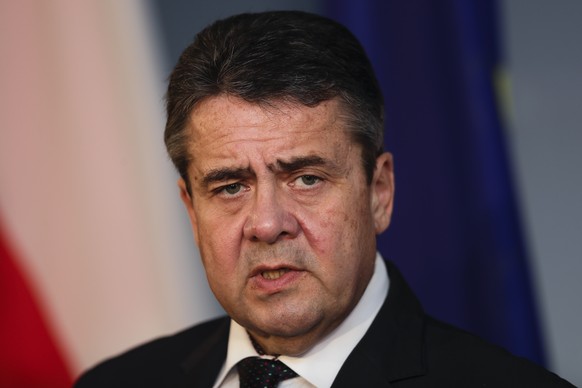 FILE - In this Jan. 17, 2018 file photo German Foreign Minister Sigmar Gabriel briefs the media after a meeting with his Polish counterpart Jacek Czaputowicz at the foreign ministry in Berlin, Germany ...