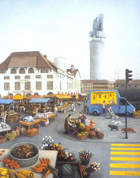 «Vision von Hoka-Nénis Denkmal während eines Markttages am Helvetiaplatz in Zürich», 2001-2002. Ein Bild aus der Serie, die das Leben von Lustigs imaginärer Tante Hoka beschreibt.&nbsp;