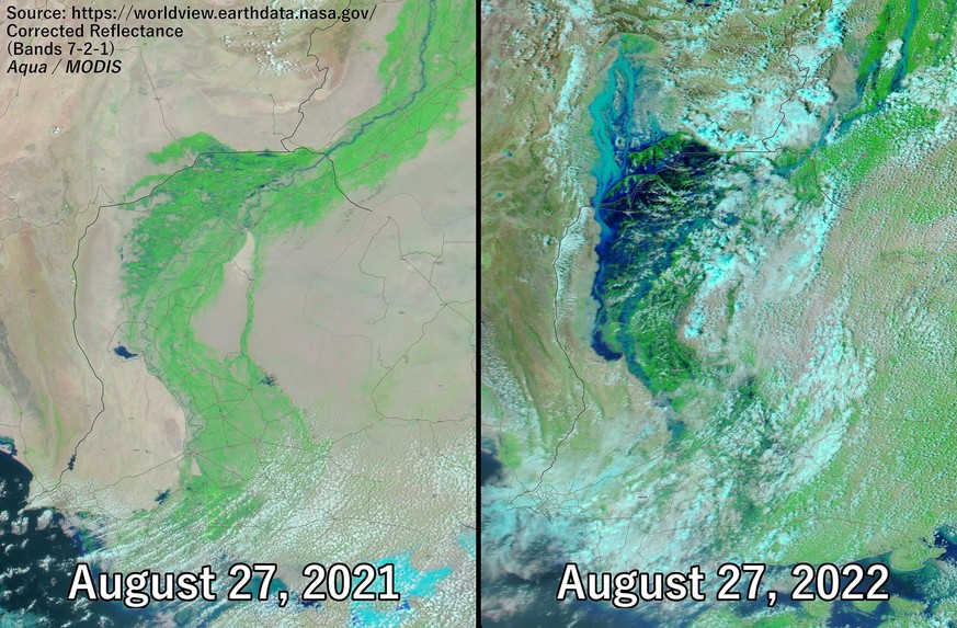 Links: der Süden Pakistans im August 2021. Rechts: dieselbe Region ein Jahr später während der Flut.