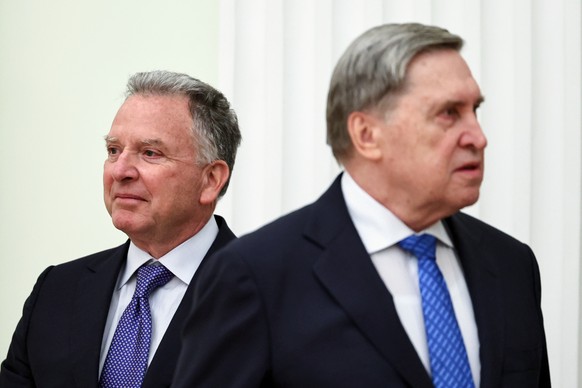 U.S. President Donald Trump's envoy Steve Witkoff, left, and Kremlin foreign policy adviser Yuri Ushakov, wait for their meeting with Russian President Vladimir Putin at the Senate Palace of the  ...