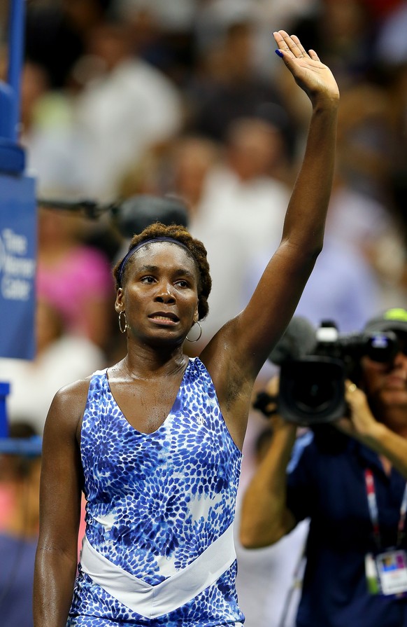 NEW YORK, NY - SEPTEMBER 02: Venus Williams of the USA celebrates her match win over Irina Falconi of the USA on Day Three of the 2015 US Open at the USTA Billie Jean King National Tennis Center on Se ...