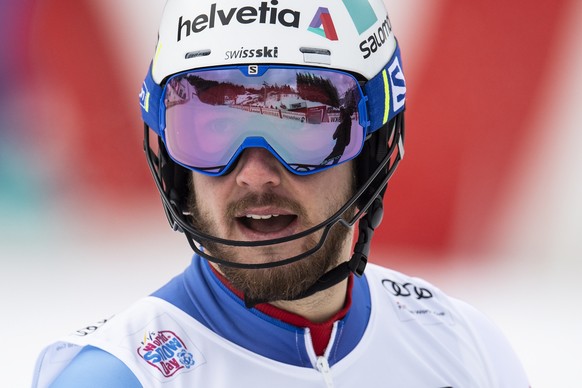 epa07296232 Luca Aerni of Switzerland reacts in the finish area during the slalom run of the men&#039;s Alpine Combined race at the FIS Alpine Skiing World Cup in Wengen, Switzerland, 18 January 2019. ...