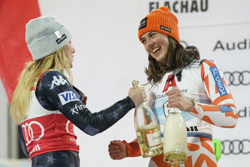 United States&#039; Mikaela Shiffrin, left, congratulates winner Slovakia&#039;s Petra Vlhova during the podium ceremony for an alpine ski, women&#039;s World Cup slalom in Flachau, Austria, Tuesday,  ...