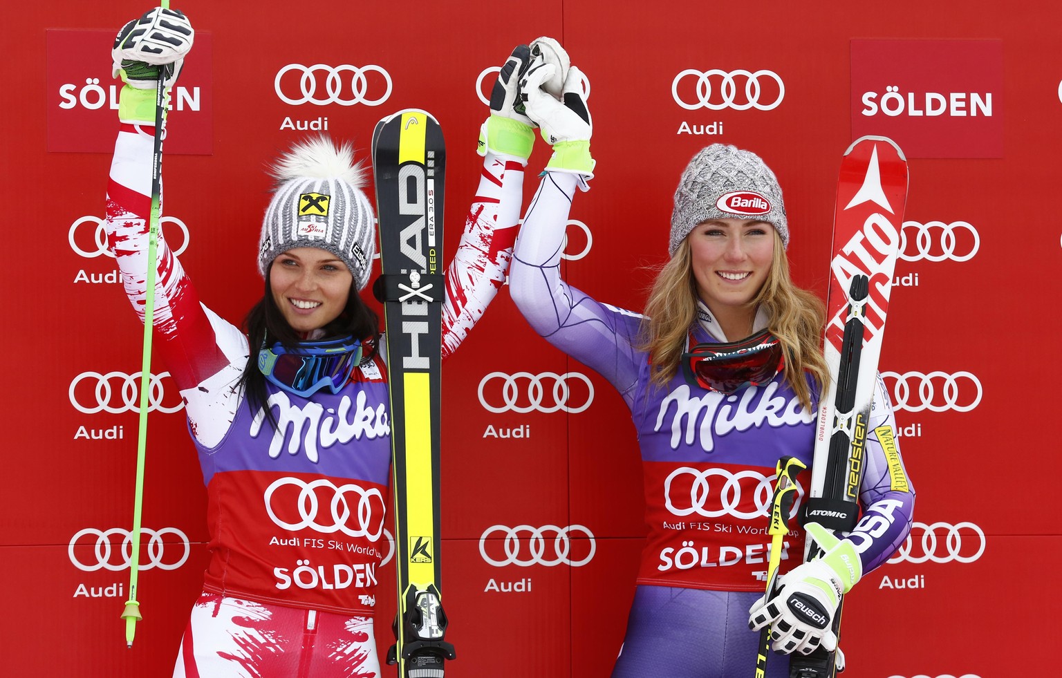 Die beiden Siegerinnen in Sölden: Fenninger und Shiffrin